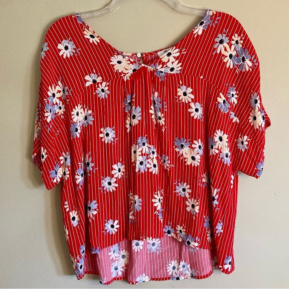 Madewell Rhyme Top in Daisy Society High Low Cap Sleeves Pinstripes Red Size S - Picture 5 of 12